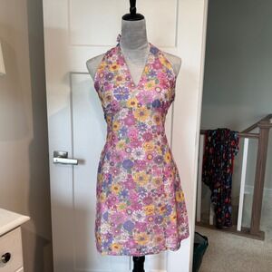 Pink Lily Floral Halter Mini Dress XL Pink Purple Yellow Daisy Retro hippie 70s